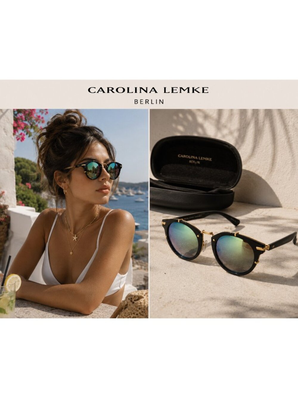 Carolina Lemke Berlin CL7405-4 Black Gold Blue Mirrored Sunglasses UV400